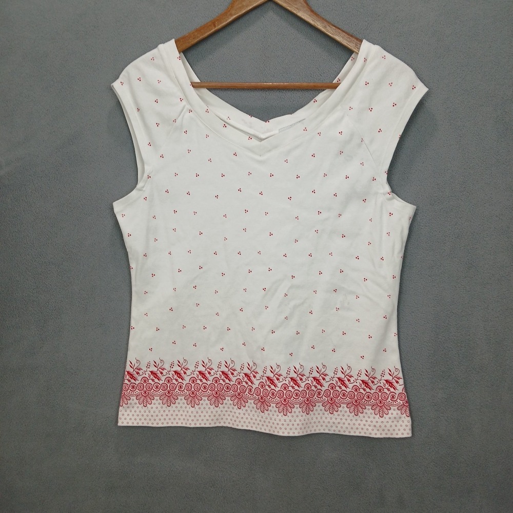 Ann Taylor Loft Tank Top Womens Large White Cotton Floral V Neck Comfort Modern